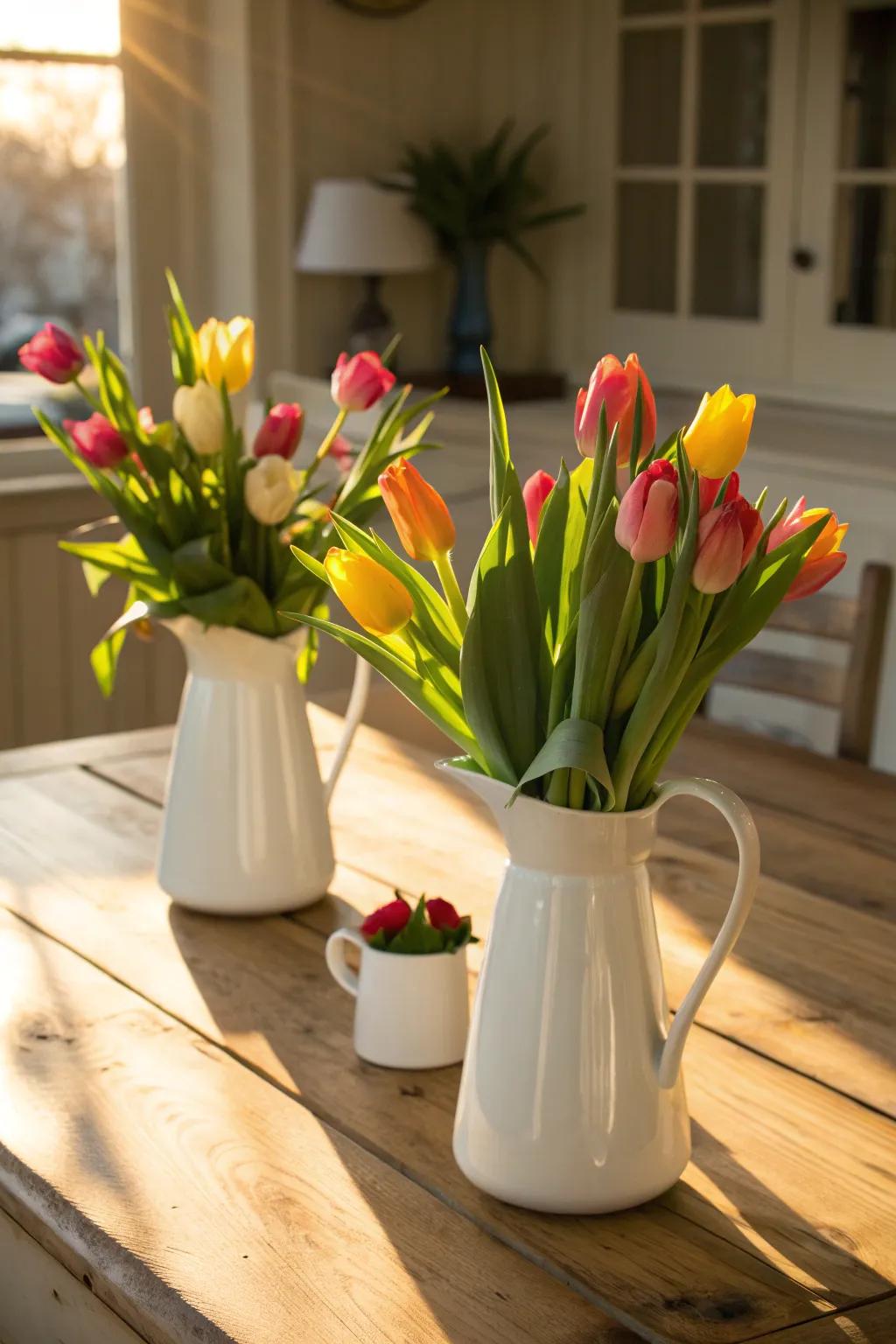 Achieve elegant simplicity with tulips in classic white pitchers.