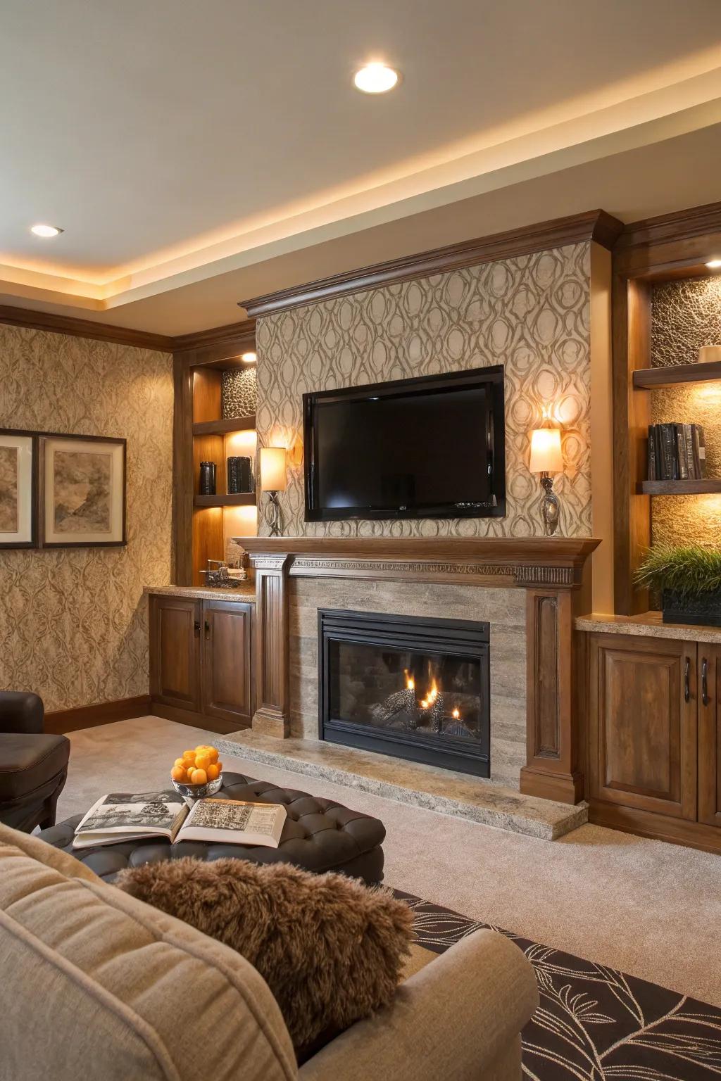 Add personality with artistic wall treatments around your TV and fireplace. #ArtfulWalls #DesignInspiration