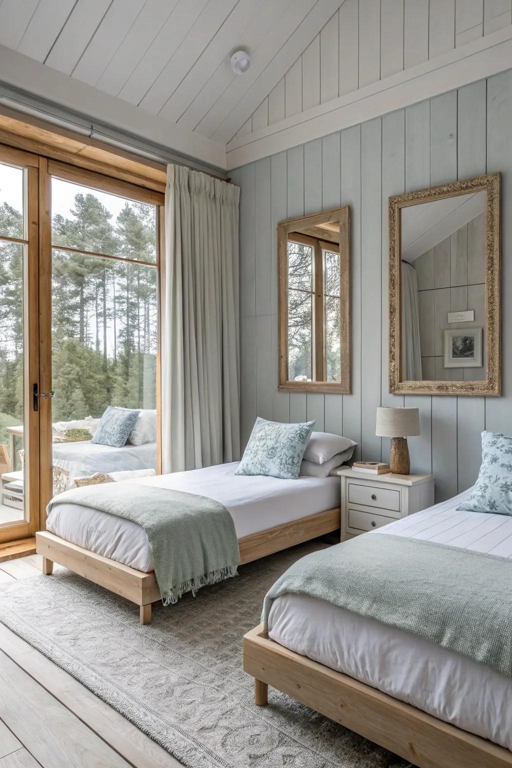 Mirrors add dimension and brightness to this cozy twin room.