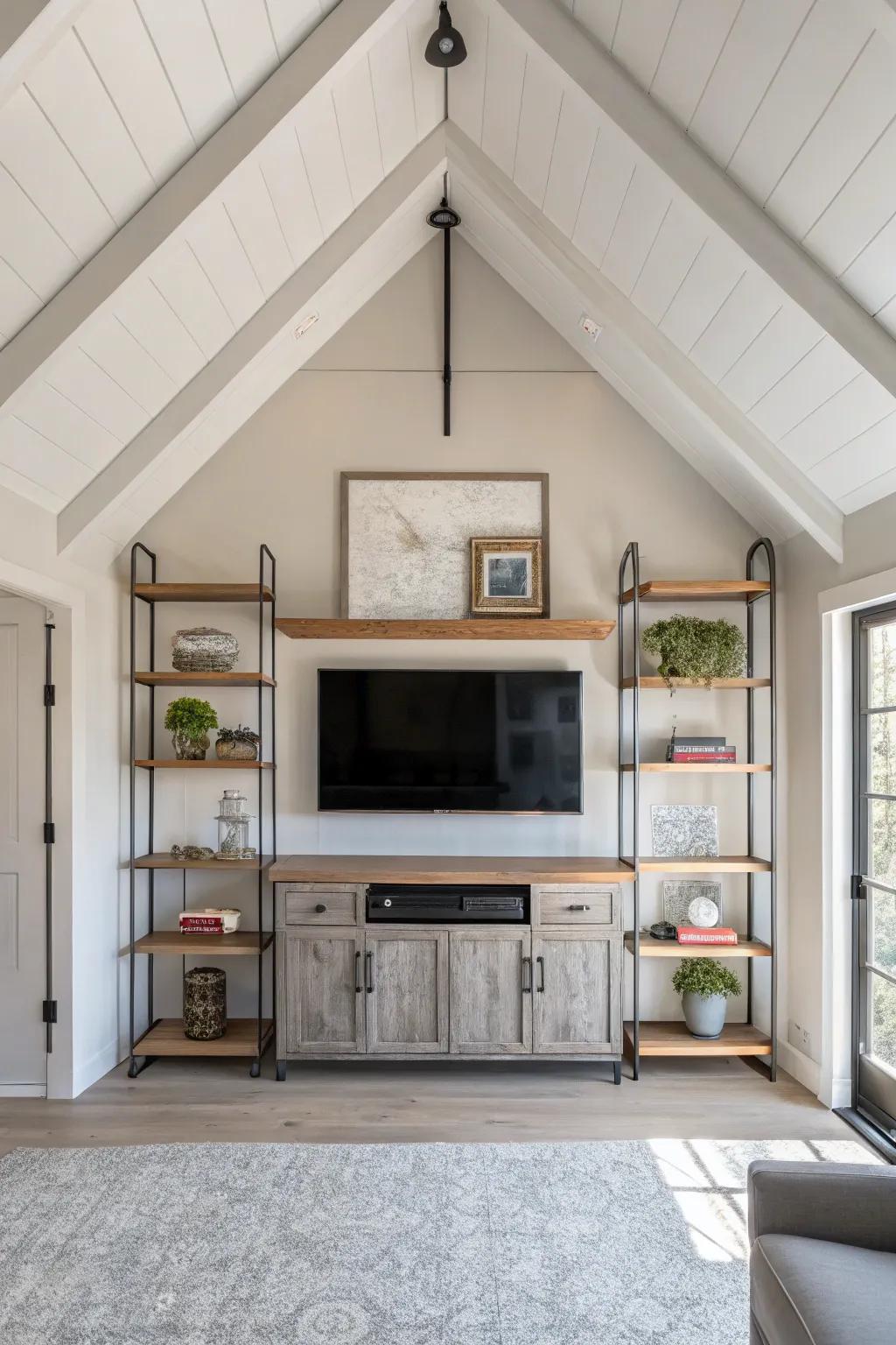 Industrial elements bring a bold, stylish edge to your TV wall, perfect for a modern aesthetic.