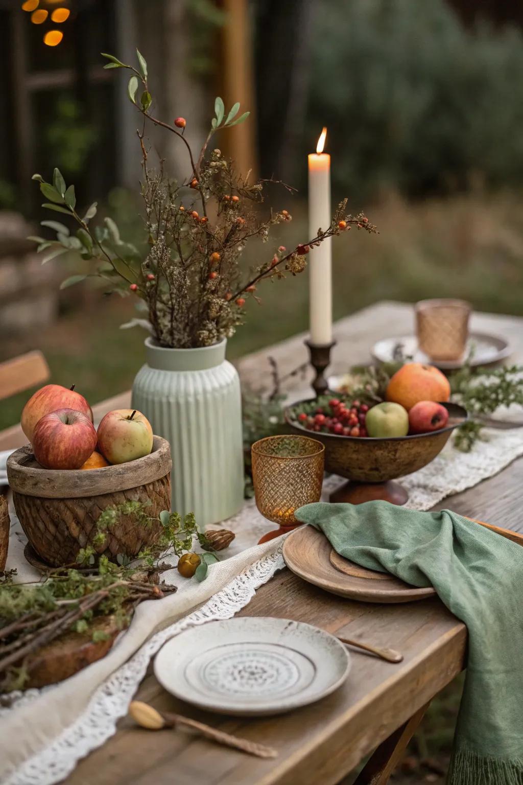 Breathe life into your table with natural elements like branches and fruits.