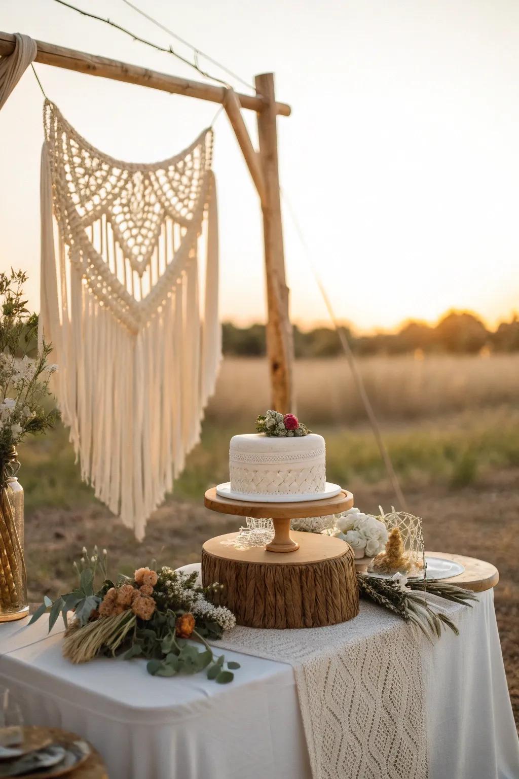 Add boho flair with macrame that textures your cake display beautifully.