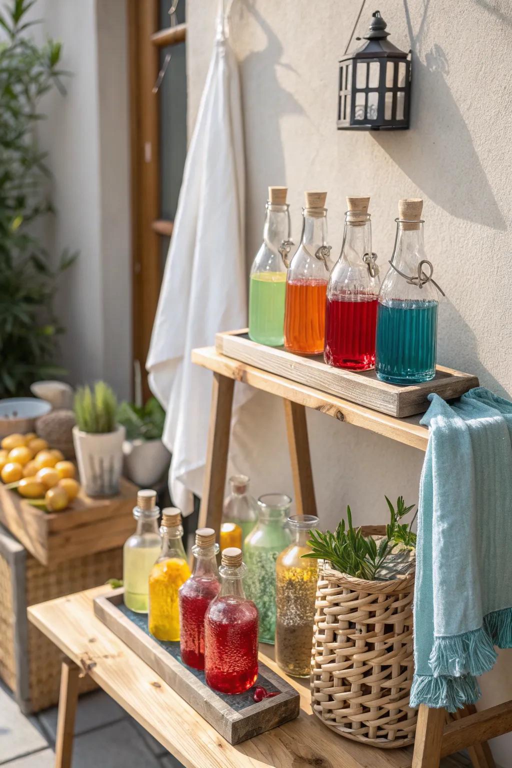 Add a mystical touch with potion-like displays in mini glass bottles.