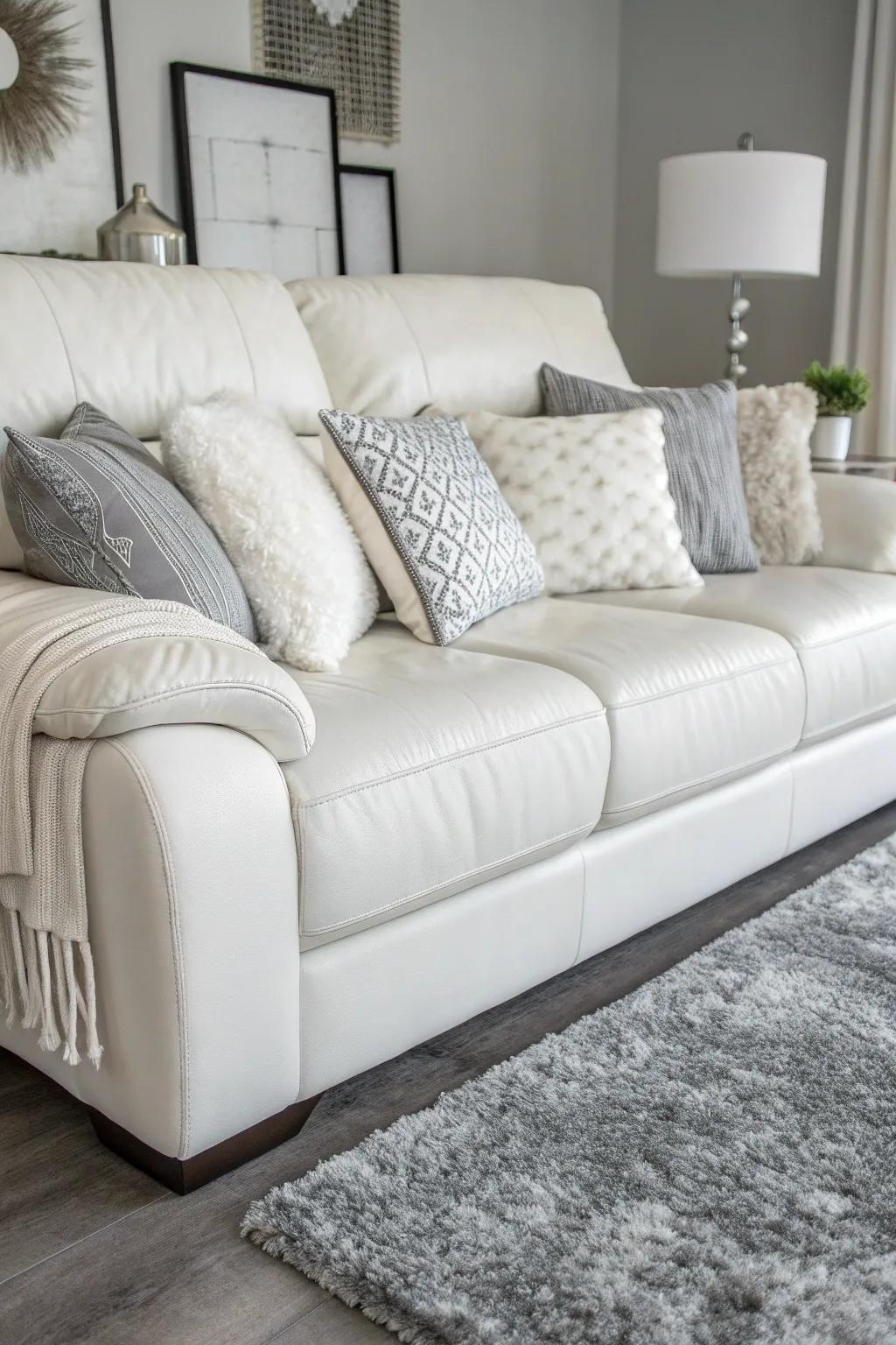Monochrome magic unfolds in a serene white leather sofa setting.