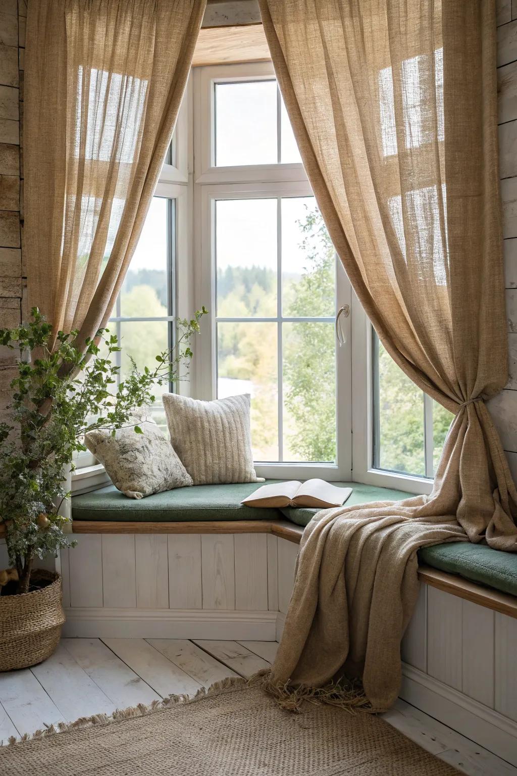 Burlap curtains bring an earthy charm to your window seat. #RusticCharm #NaturalDecor #CozyNook