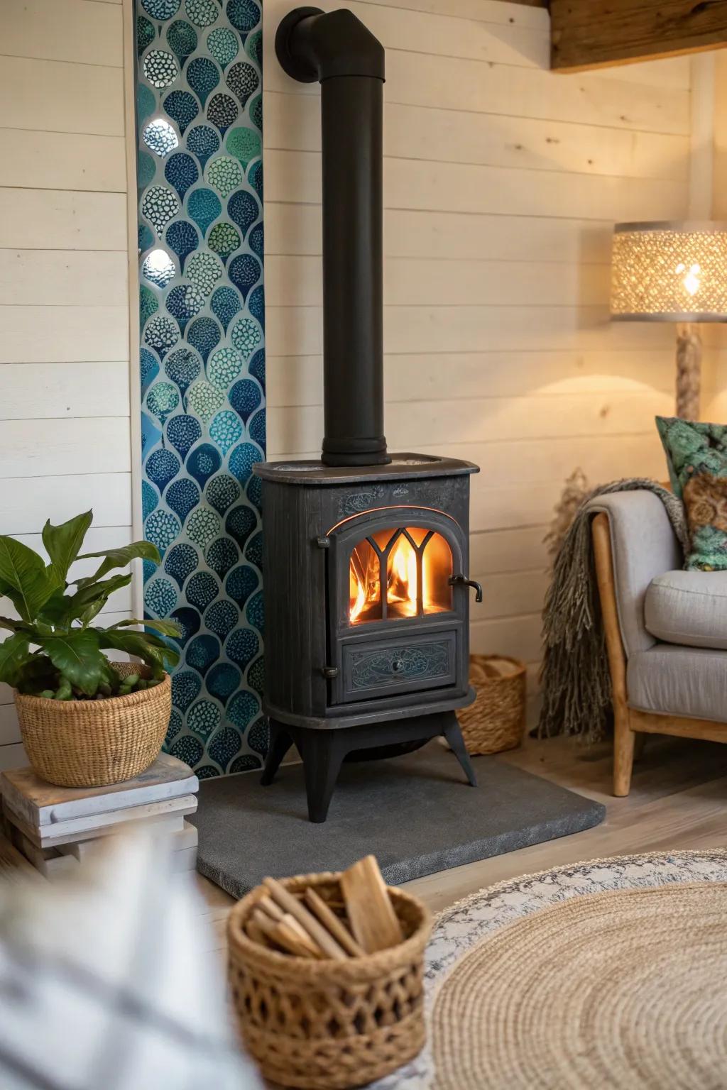 Dive into unique design with mermaid tiles around your stove, adding texture and visual appeal.