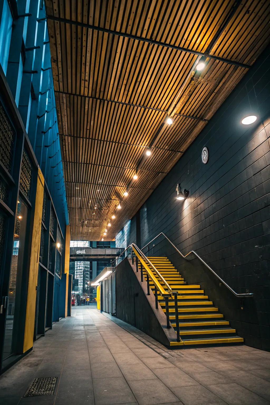 Achieve an edgy look with a wood slat ceiling combined with industrial elements for a unique urban flair.