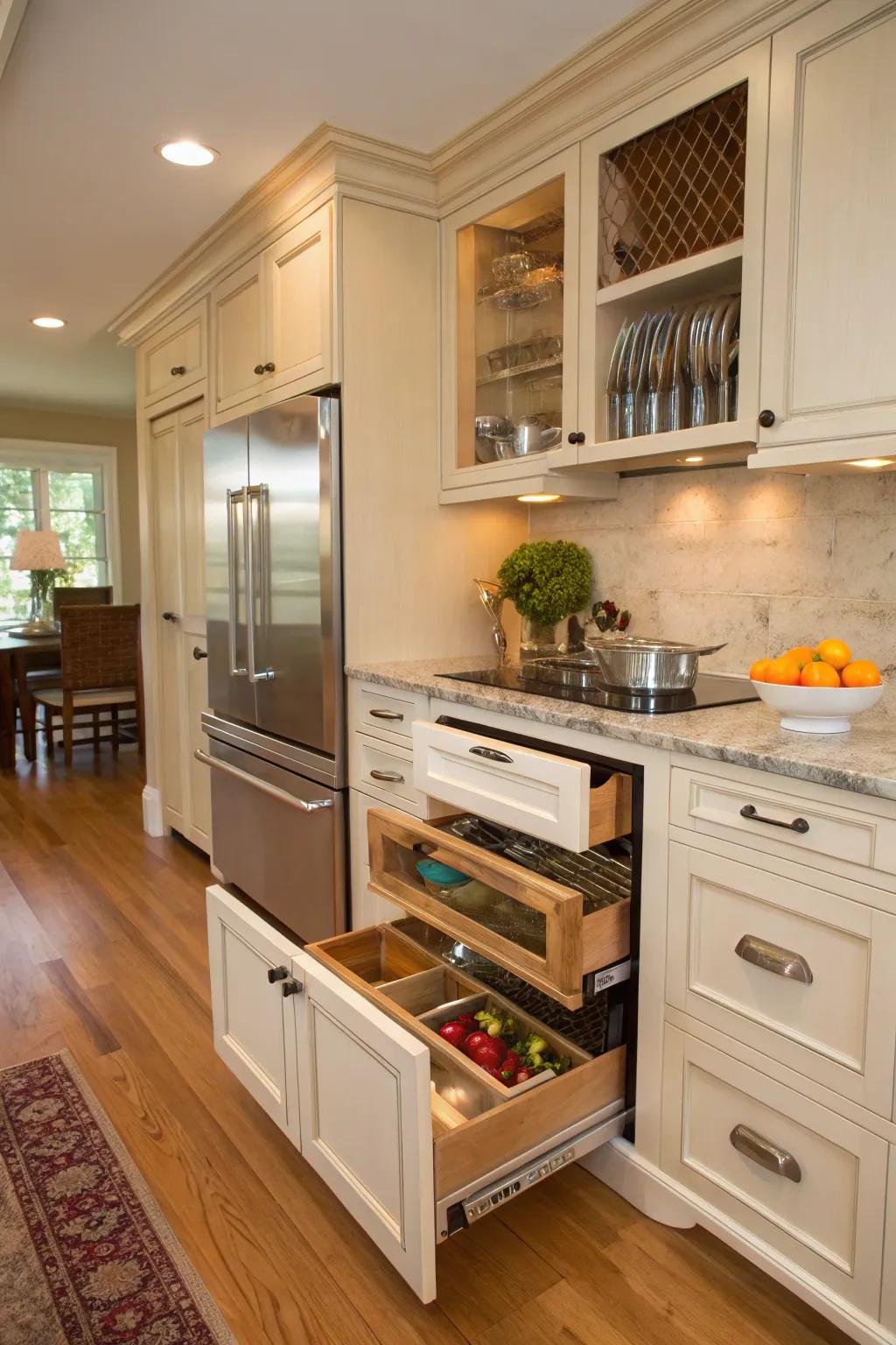 Effortlessly lift heavy appliances with shelves that combine style and easy access.