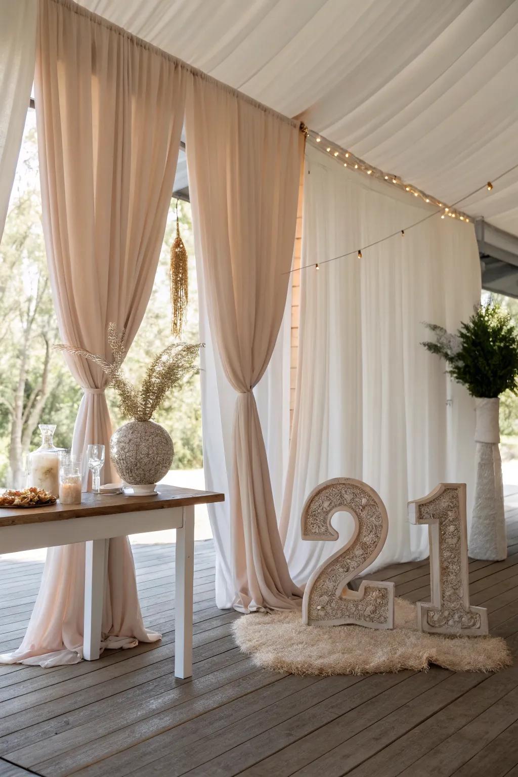 Transform your venue with fabric drapes that add elegance and charm to your decor. 🎀 #FabricDrapes #ElegantDecor