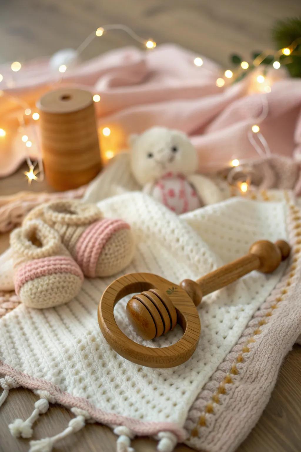 Introduce your baby to sensory play with a custom wooden rattle that combines tradition and craftsmanship.