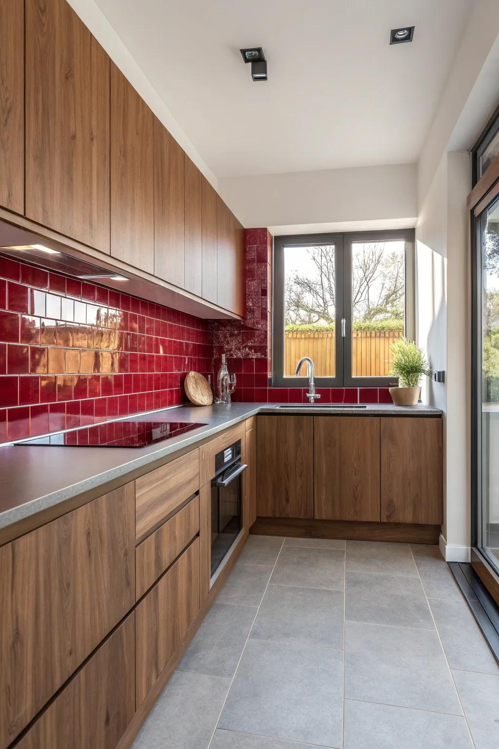 Red tiles create a bold statement, energizing and complementing cherry wood.