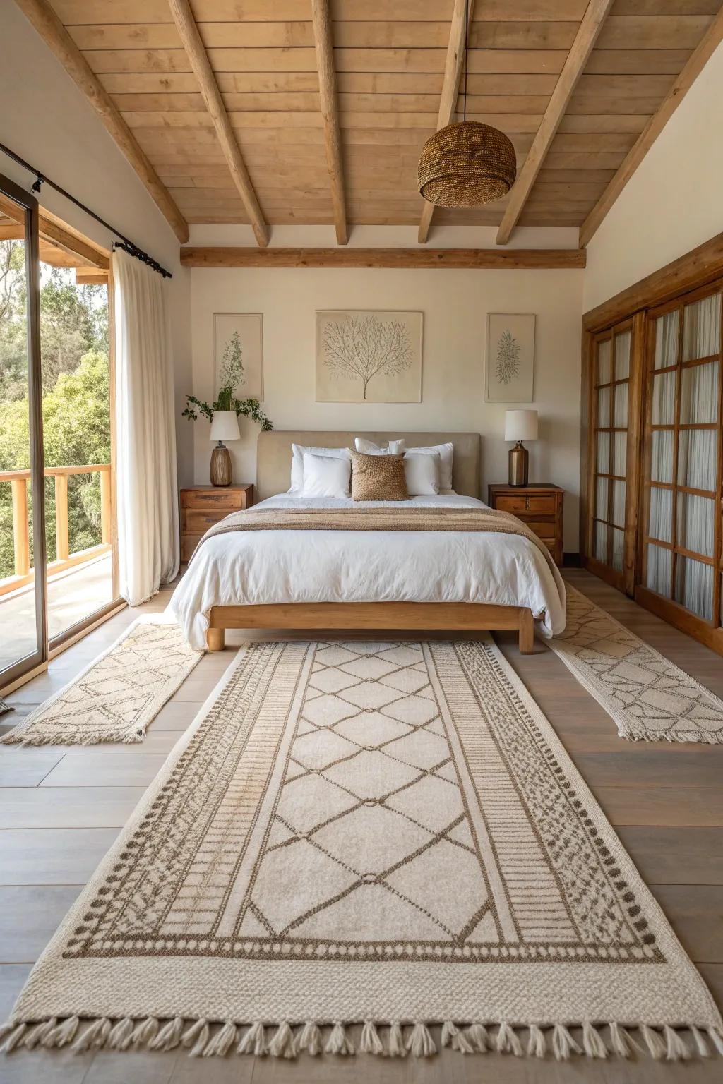 Enhance symmetry and style with runner rugs flanking your bed for a sleek look.