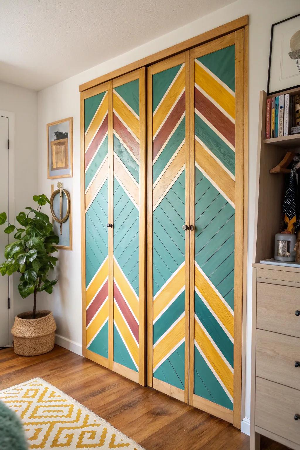Geometric patterns add a modern artistic touch to bifold doors.