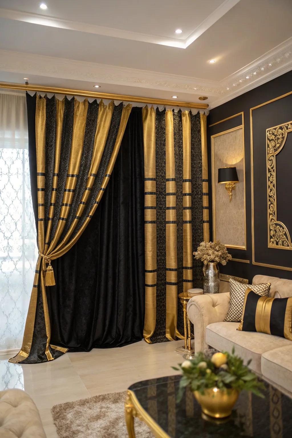 Tie your room together with chic black and gold striped curtains. #CurtainStyle #ElegantHome