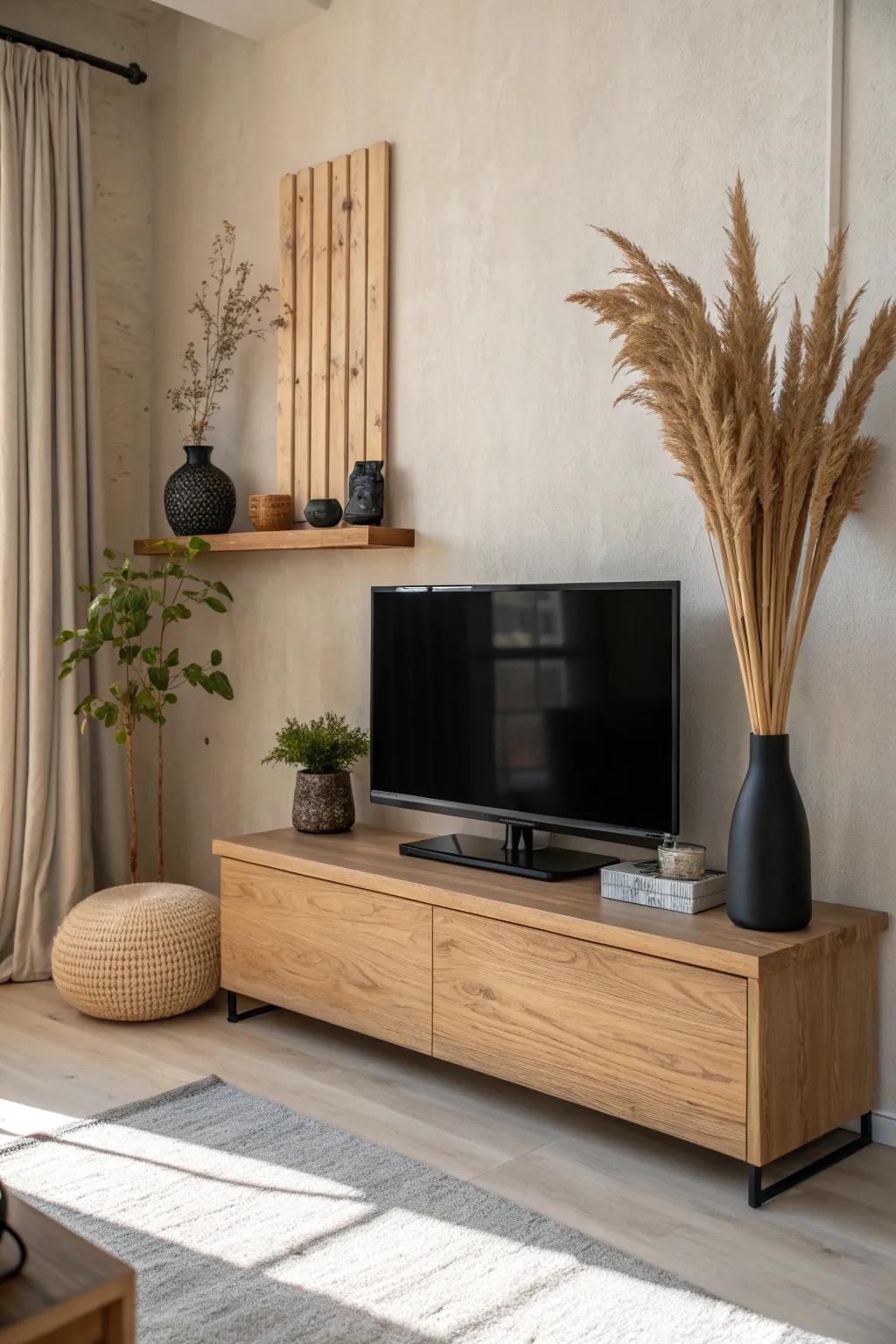 Balance your decor with natural wood accents for a warm, inviting atmosphere.