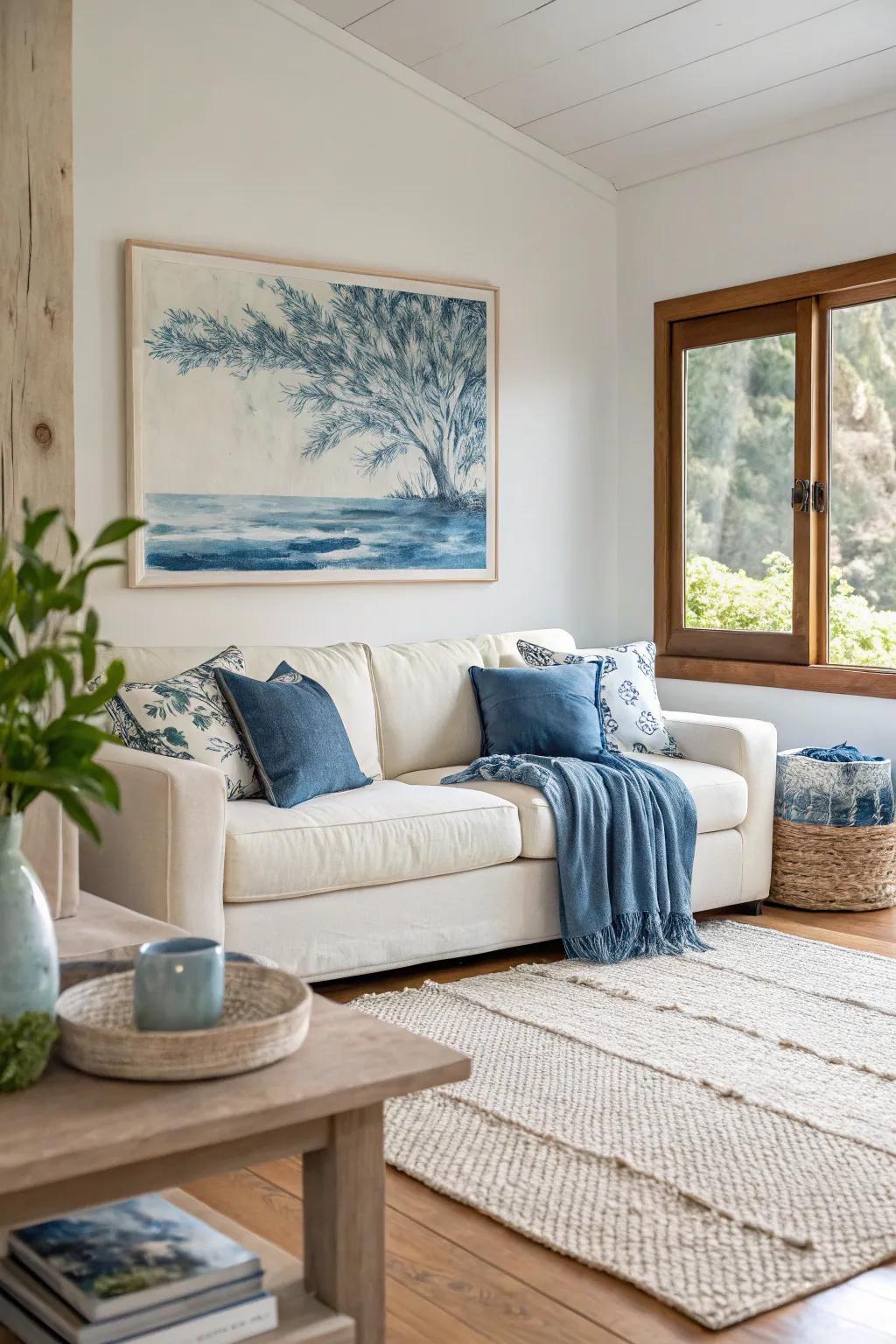 Blue and cream artwork ties the room together, offering both beauty and intrigue. 🎨 #ArtInspiration #HomeDesign