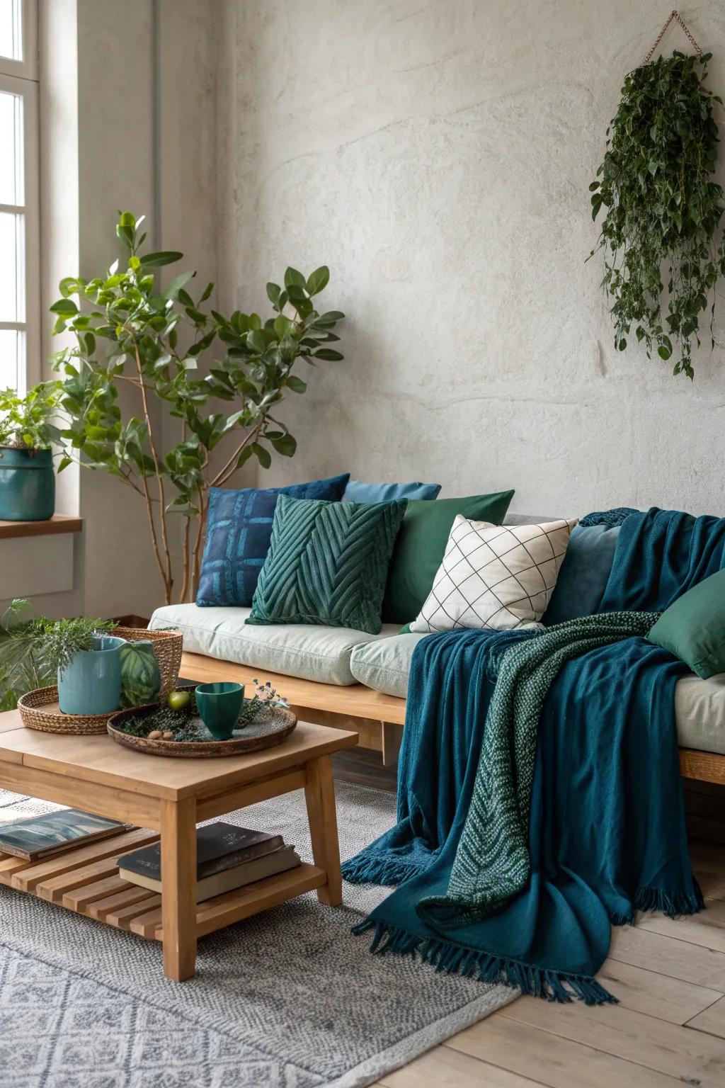 Create a cozy atmosphere with layered textiles in soothing colors.