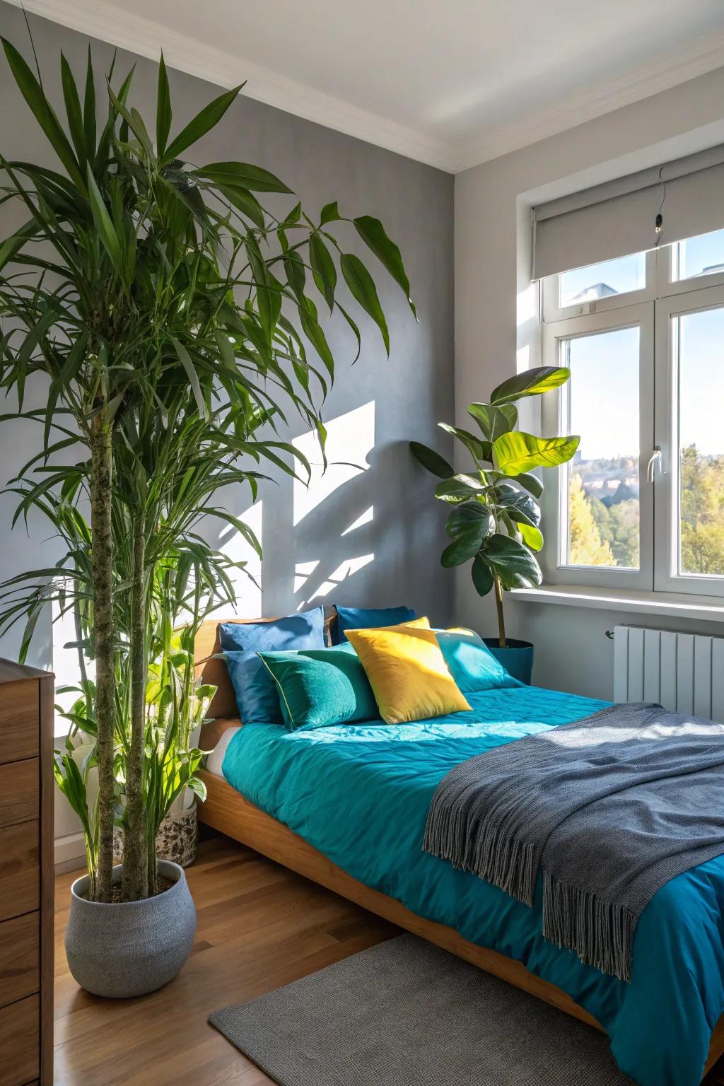 Plants breathe life into this serene blue and grey retreat.