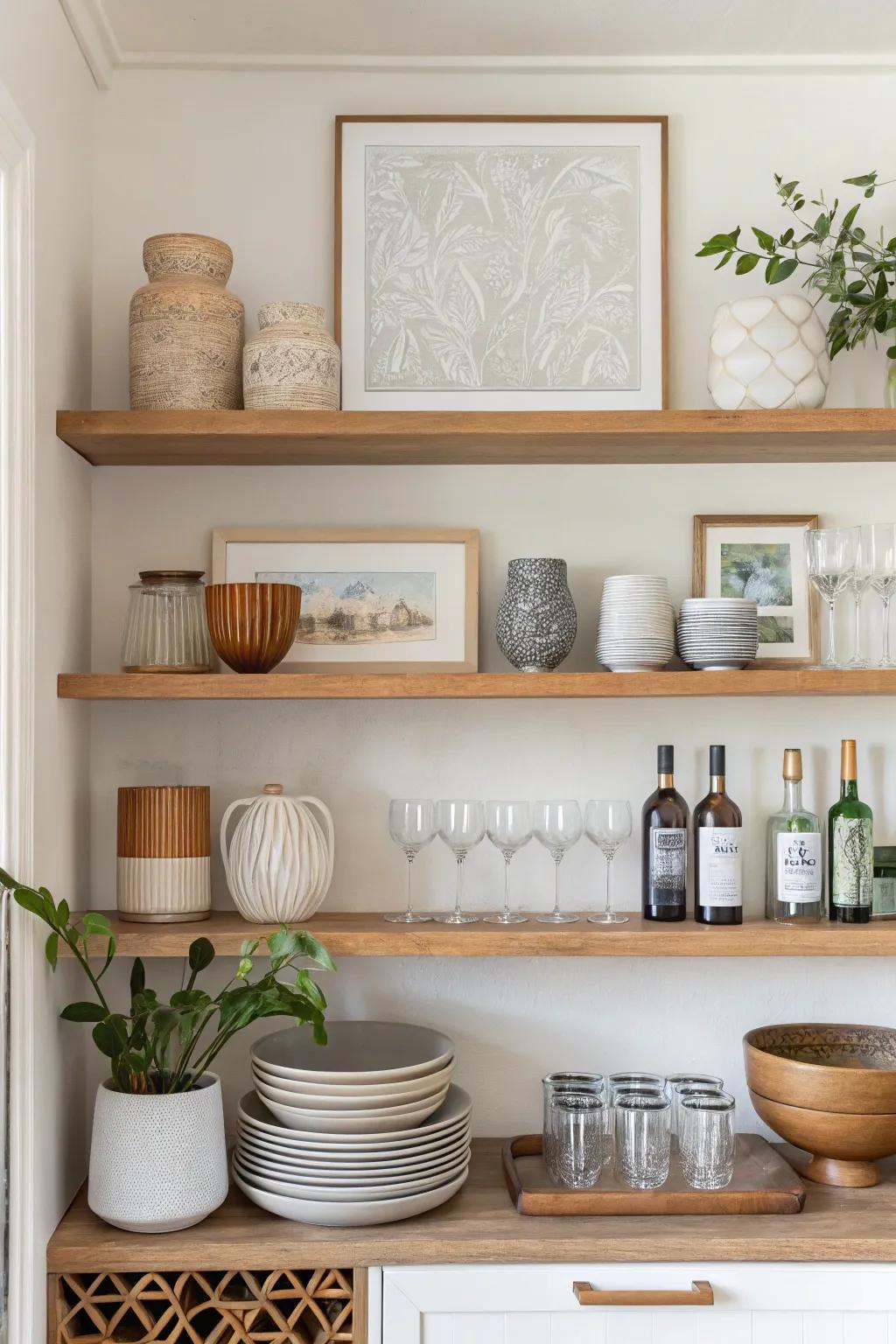 Infuse your space with culture by integrating art into your bookshelf bar design.