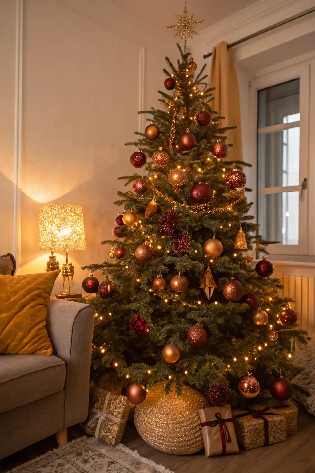Warm lighting casts a golden glow, enhancing the cozy feel of this beautifully decorated tree.