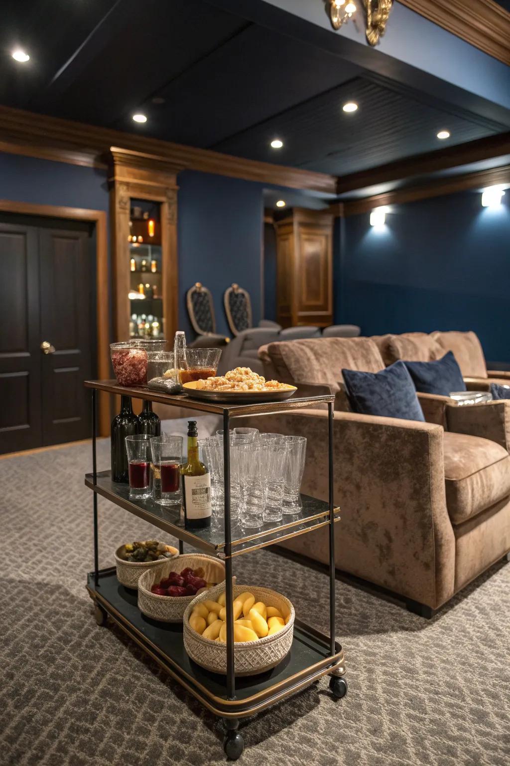 Elevate your movie nights with a compact bar area for snacks and drinks.