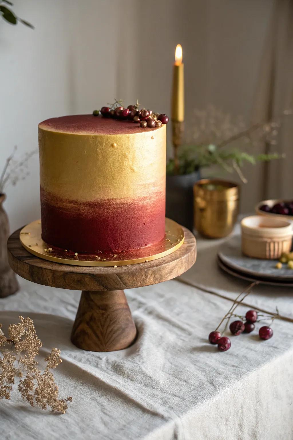 Burgundy to gold ombre effect adds depth and intrigue to this cake. #UniqueDesign #OmbreCake