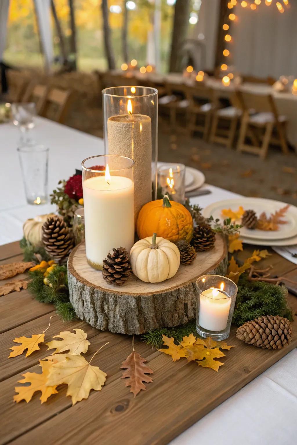 Seasonal accents with candles add a festive touch to your wedding tables.
