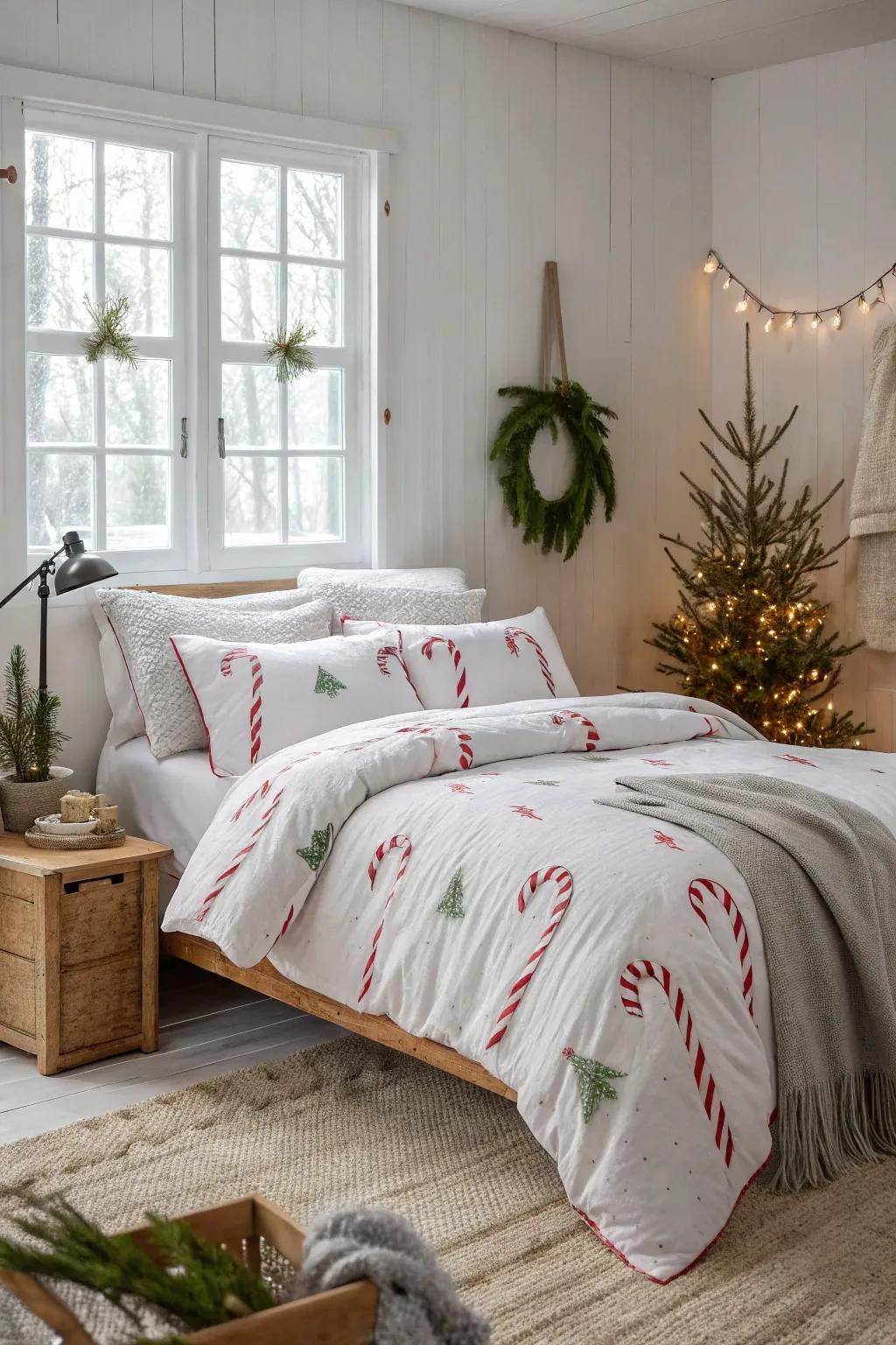Create a cozy retreat with candy cane-themed bedding for a festive bedroom.
