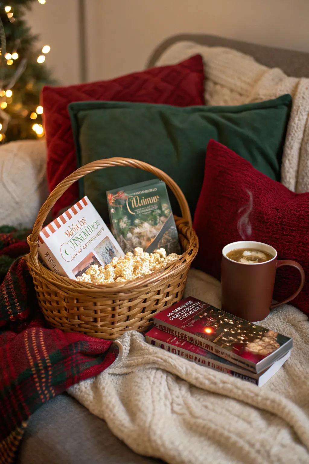 Set the scene for a cozy holiday movie night with a basket full of cinematic treats.