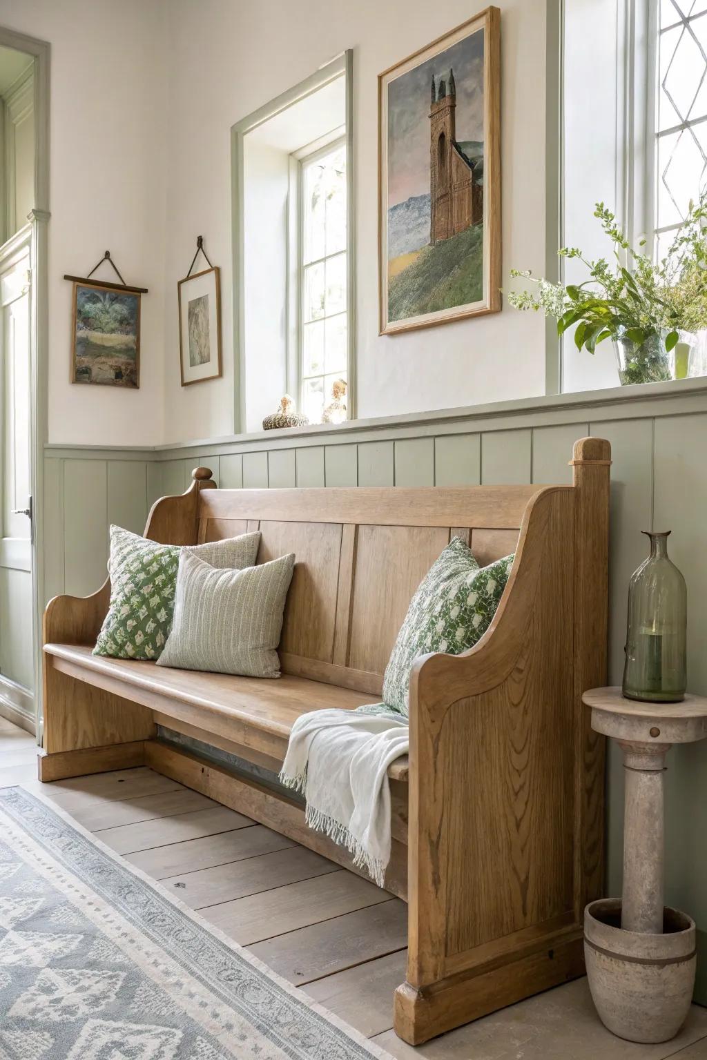 Blend history with modernity by using a church pew as an artistic accent in your home.