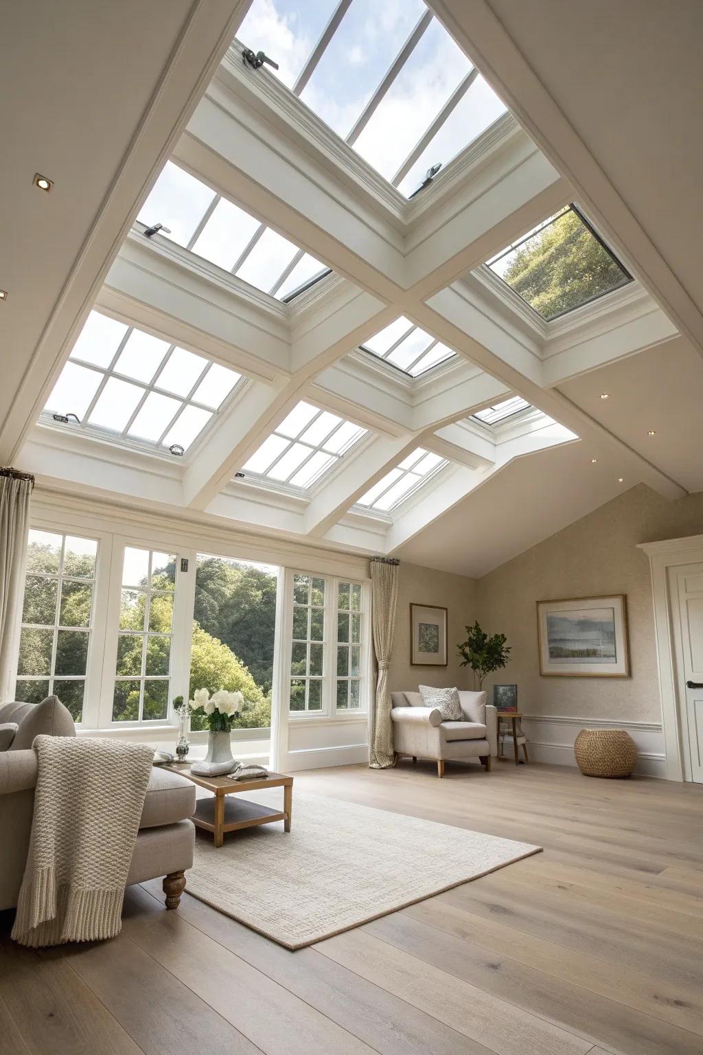 Skylights bring natural light indoors, creating a bright and airy atmosphere.