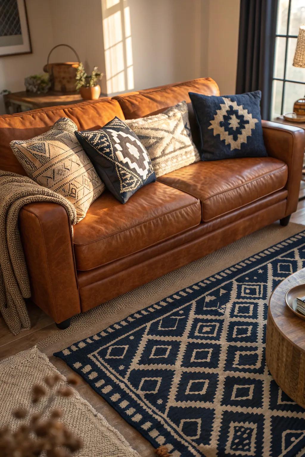 Add a modern twist with geometric patterns that highlight your cognac couch. #GeometricDesign #ModernInteriors