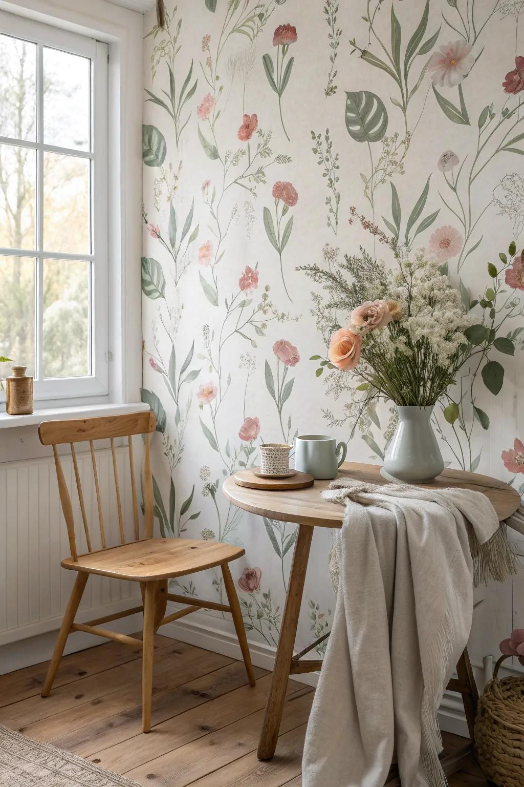 Floral wallpaper adds a whimsical touch to any room.