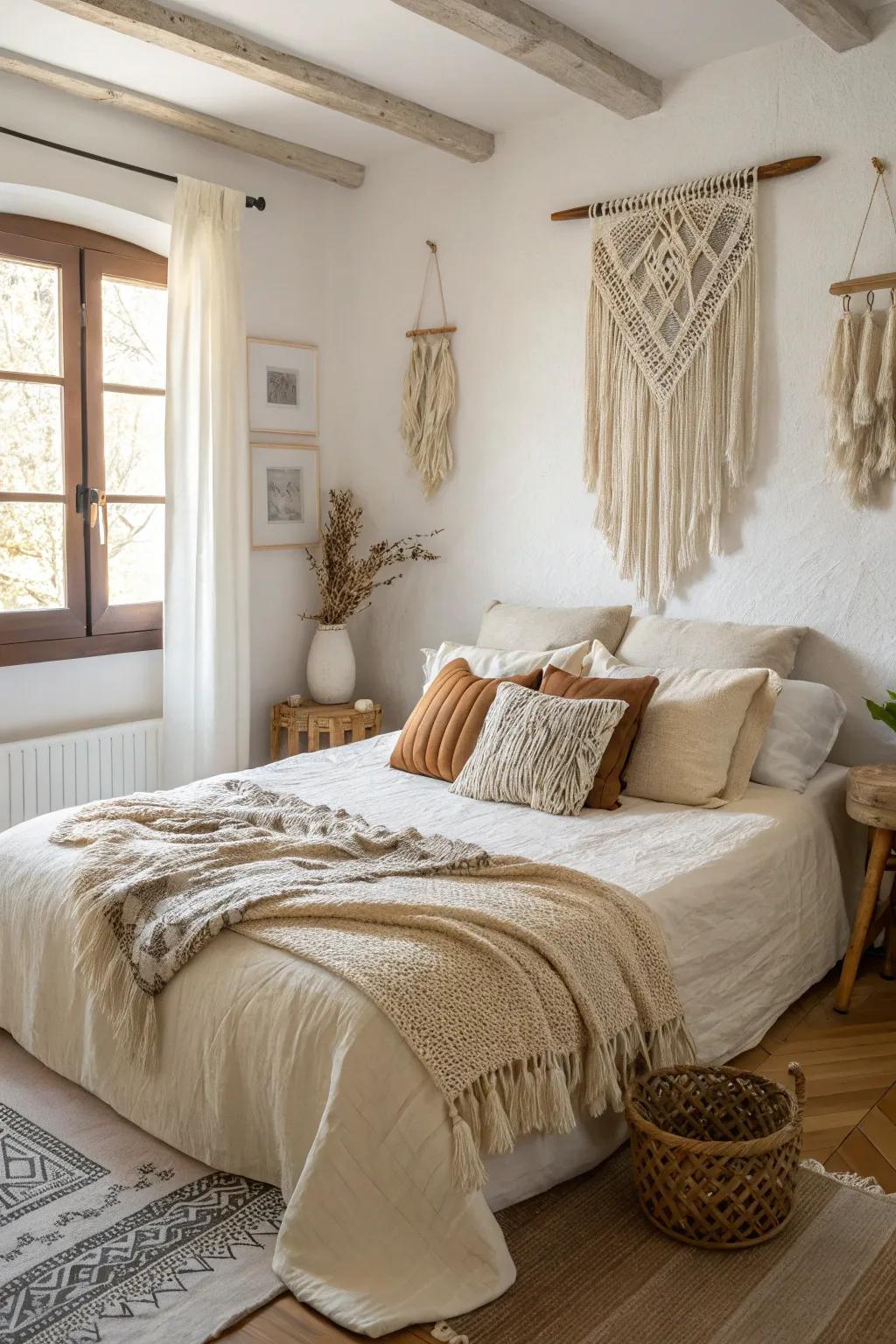 Boho chic meets creamy elegance for a stylish, relaxed bedroom vibe.