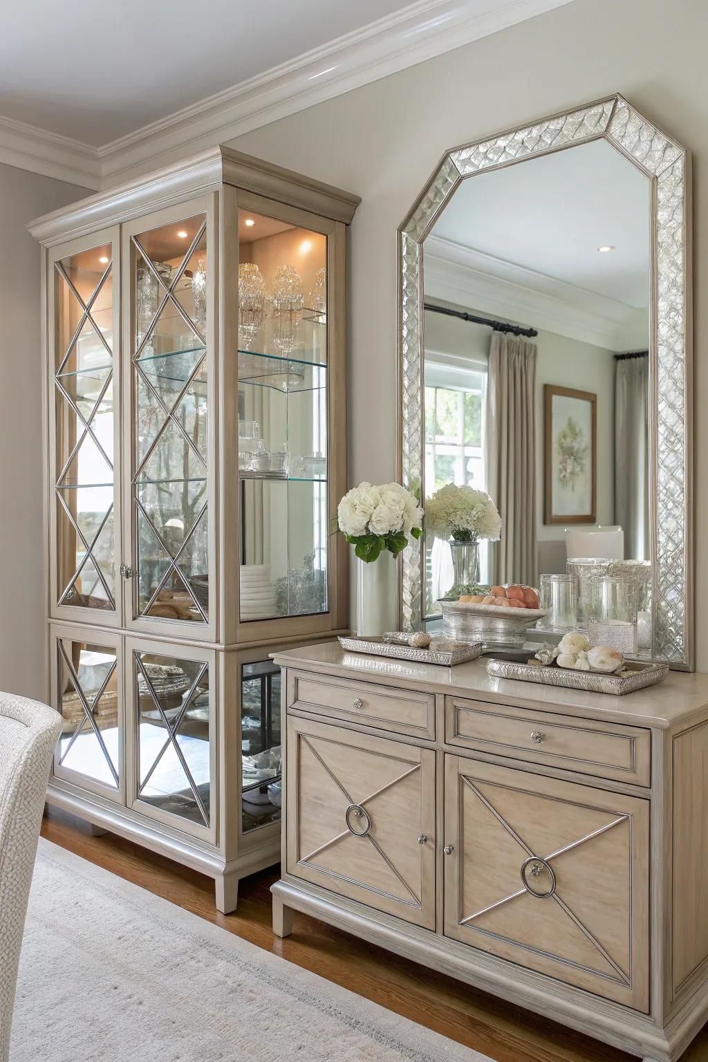 Reflective surfaces amplify light and create depth in your curio cabinet.