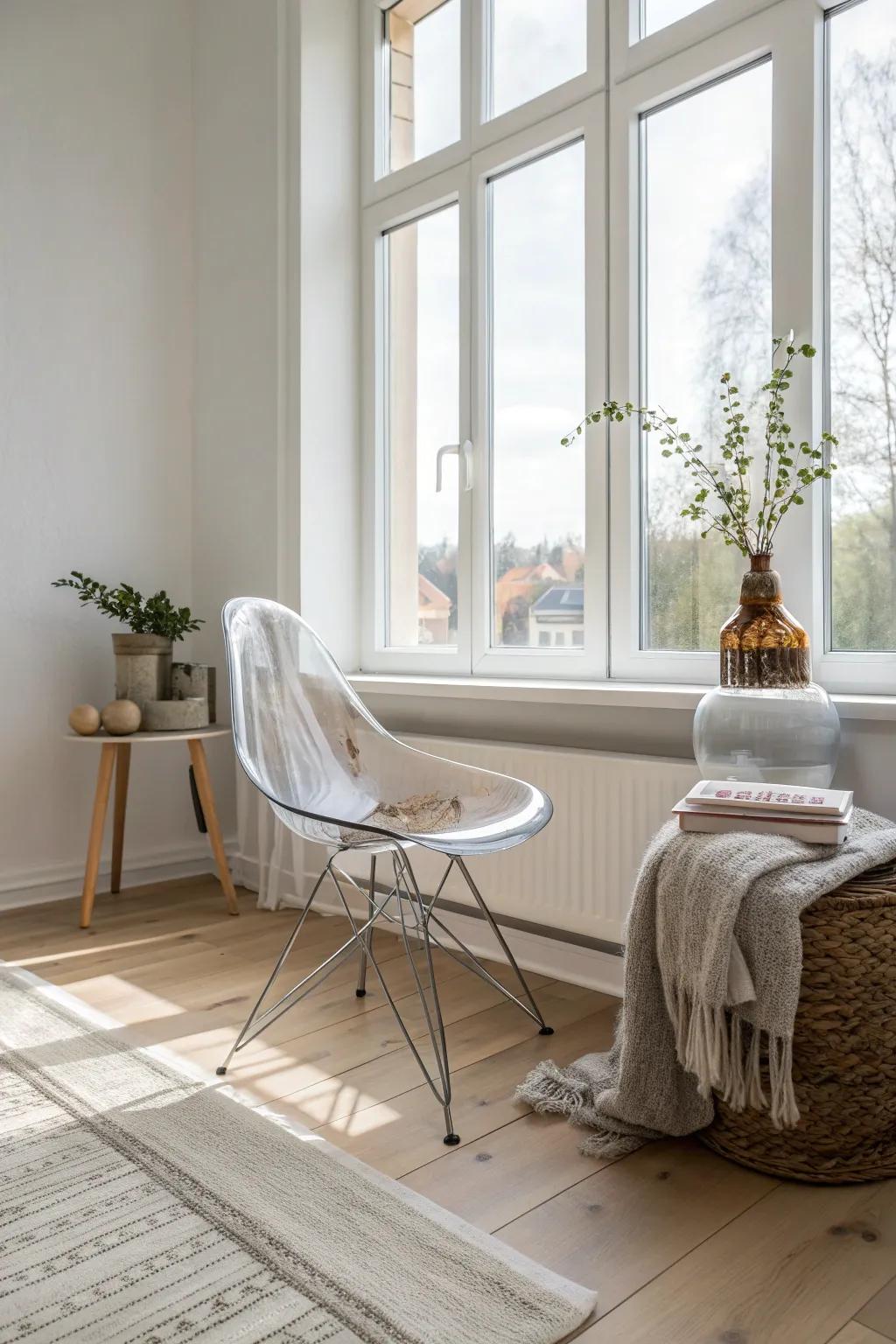 Create a spacious feel with transparent furniture choices.