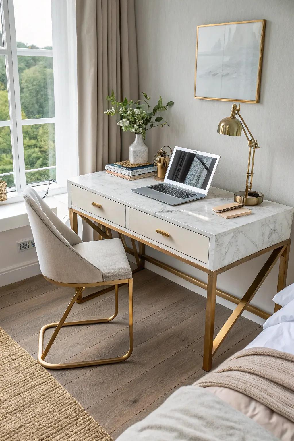 Luxury at your fingertips: A premium desk elevates the bedroom into a sophisticated retreat.