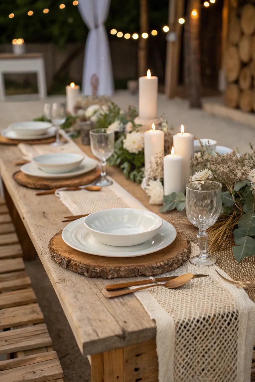 Rustic elements blend texture and warmth with elegant dining.
