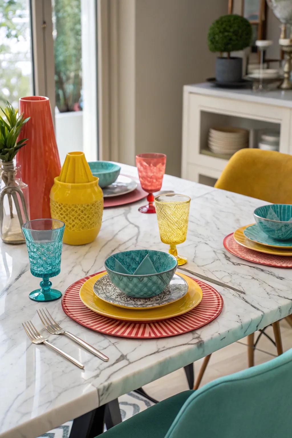 Experience luxury with a marble-effect table top that transforms your dining area.