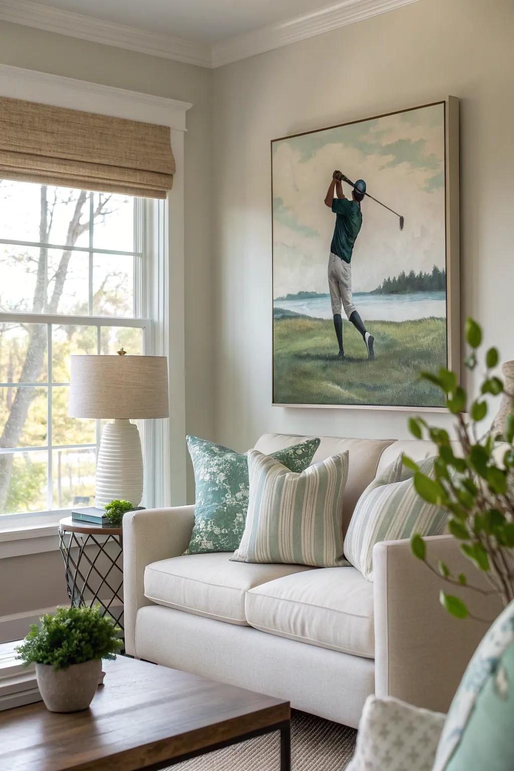 Minimalist golf art adds a subtle, stylish touch.
