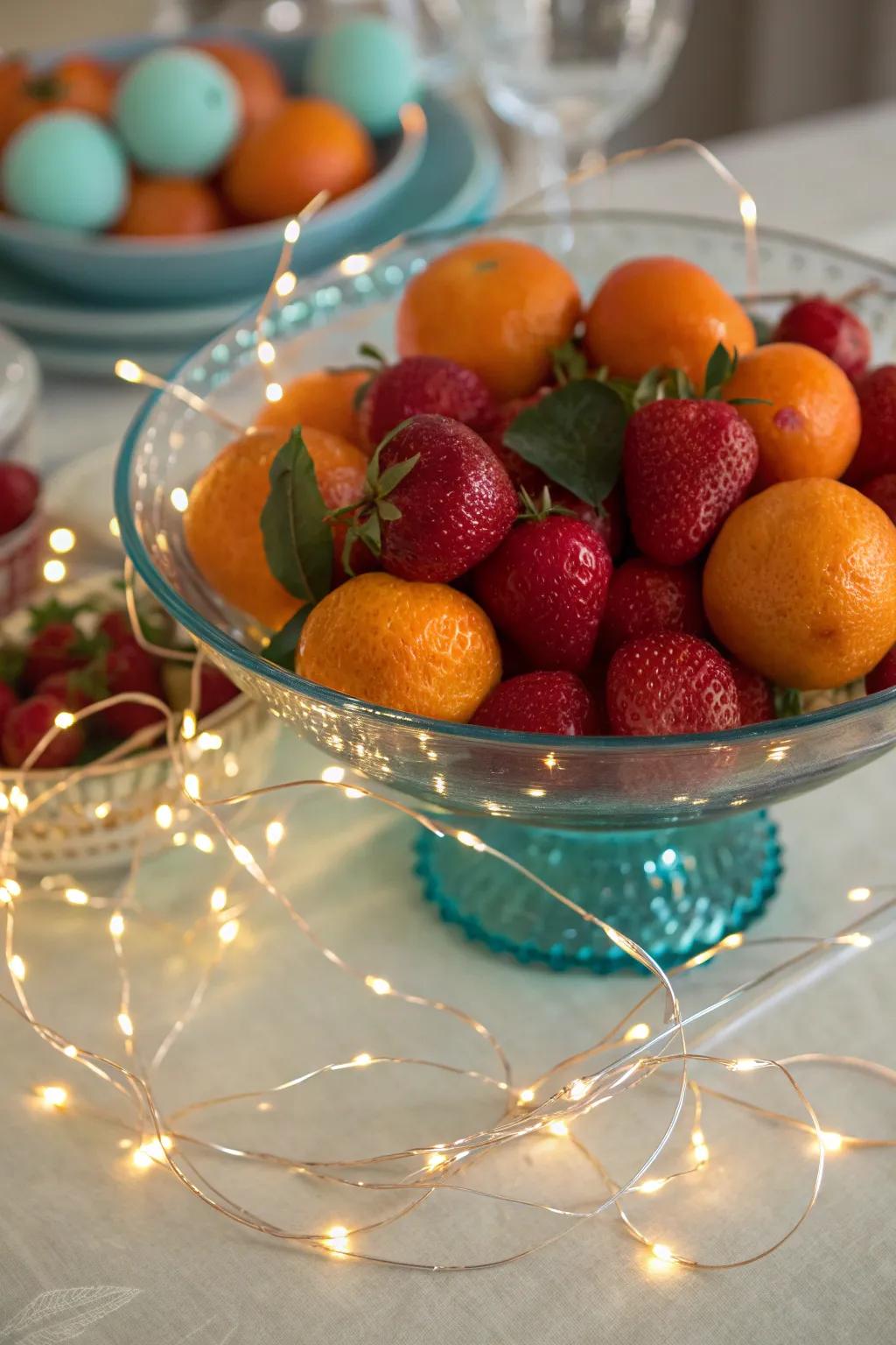 Bring a burst of color and light to your table with a fruit and fairy light display.