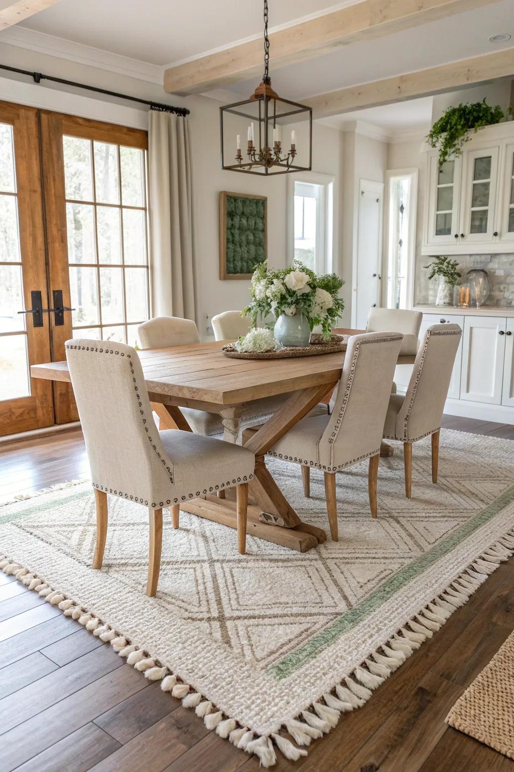 Rugs define spaces beautifully, creating distinct zones in open-plan homes. 🏡 #SpaceDefinition #FarmhouseStyle
