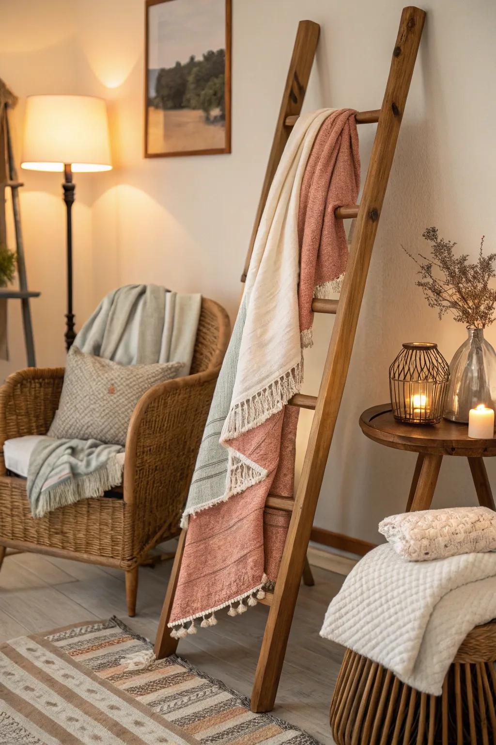 Achieve a boho-chic look with napkins draped over a decorative ladder 🌿 #BohoDecor #LivingRoomStyle #CreativeDisplay