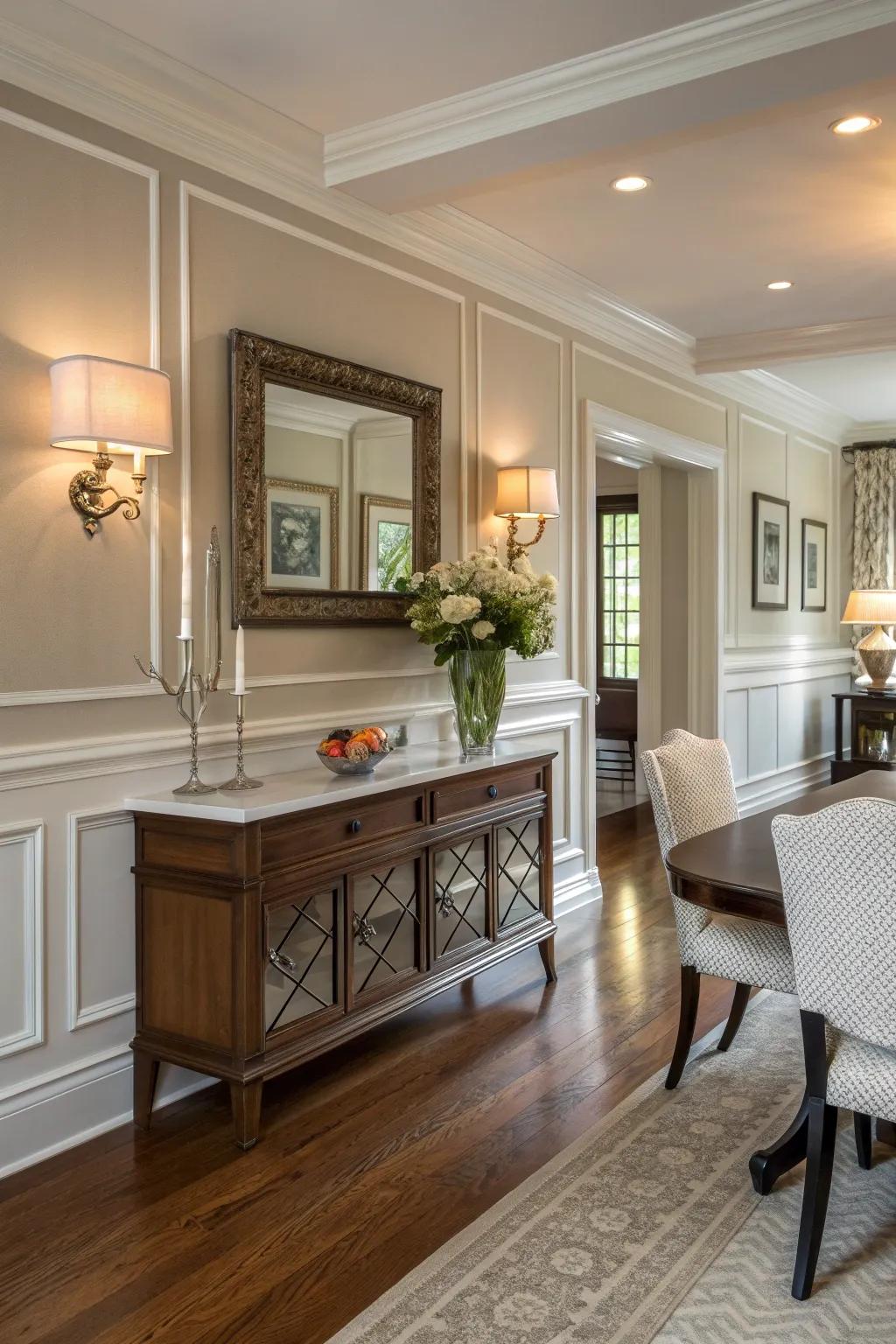 Infuse elegance into your dining area with timeless wainscoting that elevates the space.