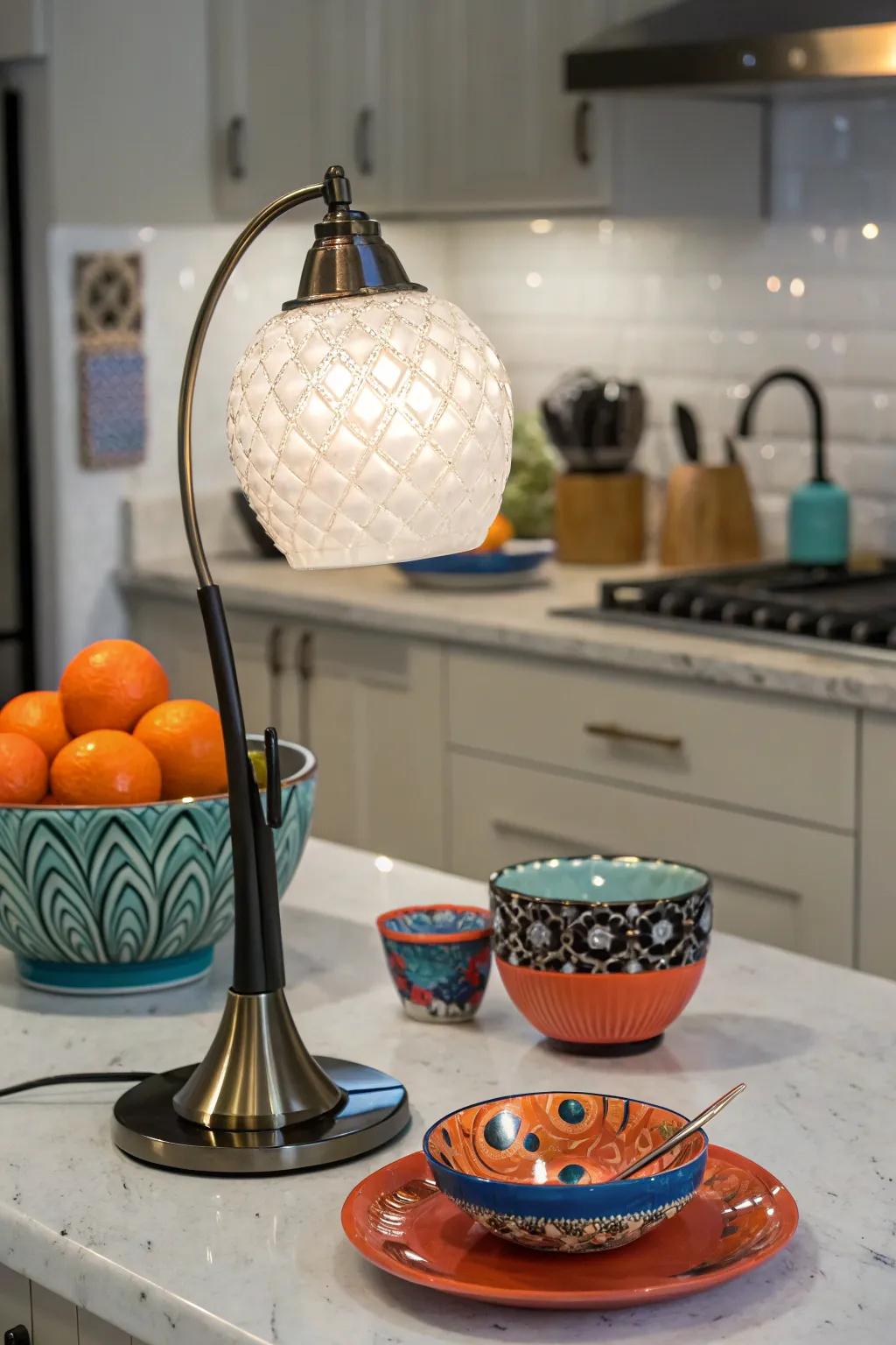 Express your style with an artistic lamp centerpiece.