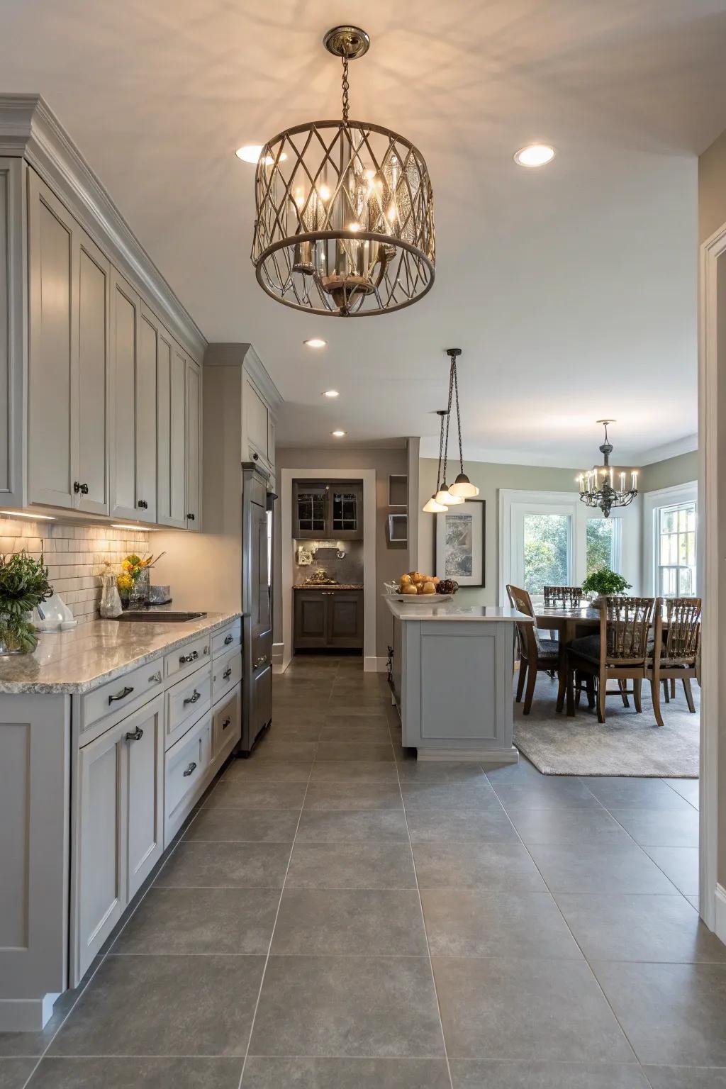 Make a statement with bold lighting fixtures that complement light grey floors beautifully.