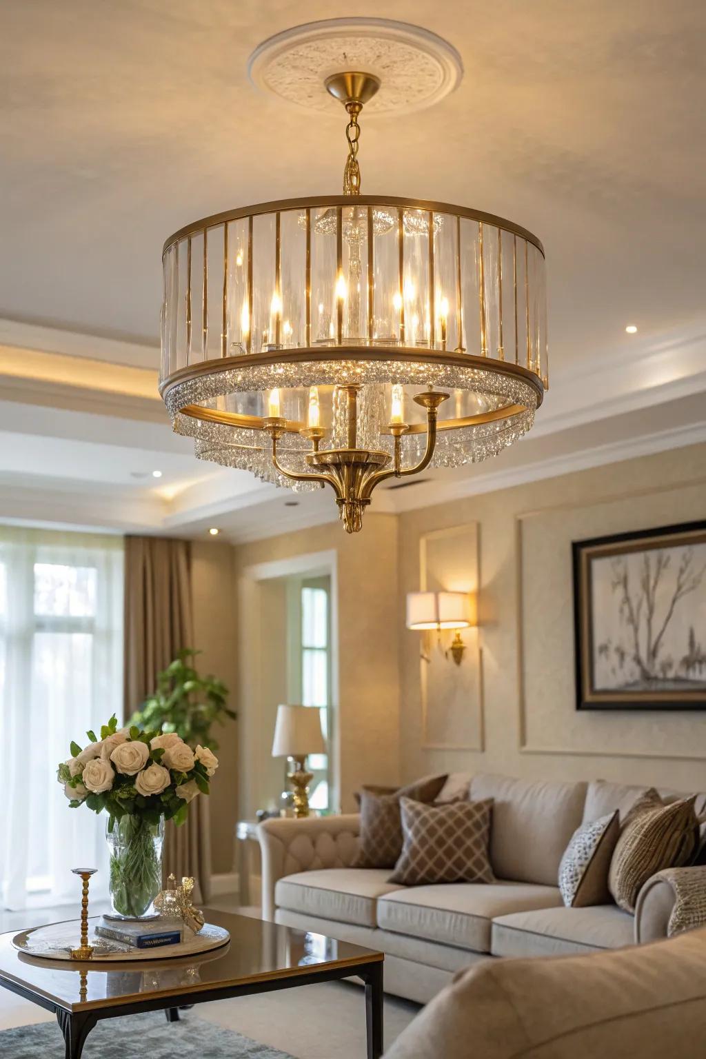 Semi-flush chandeliers offer glamour without sacrificing headroom.