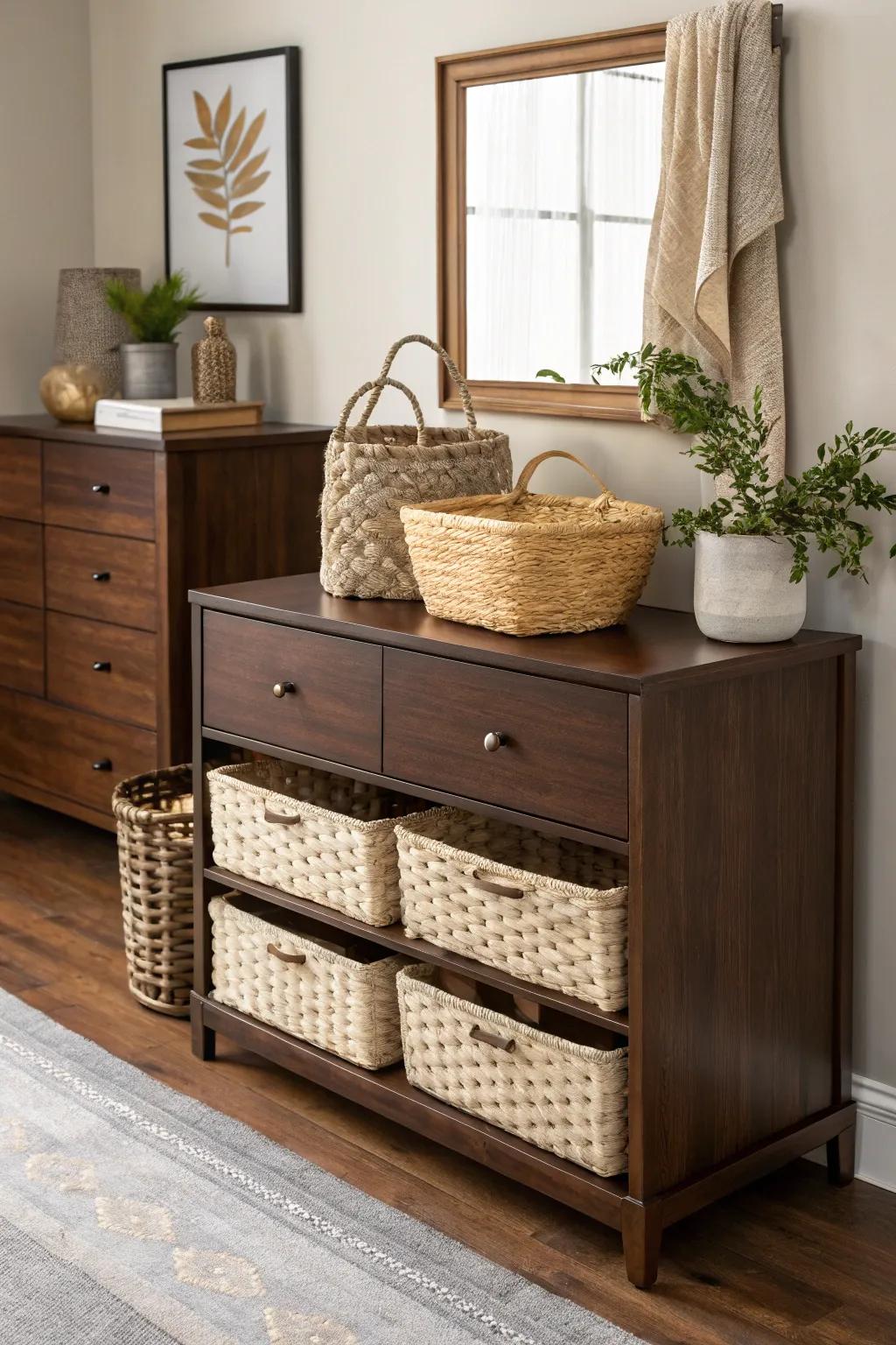 Stylish storage solutions keep your dresser tidy while adding a touch of elegance.