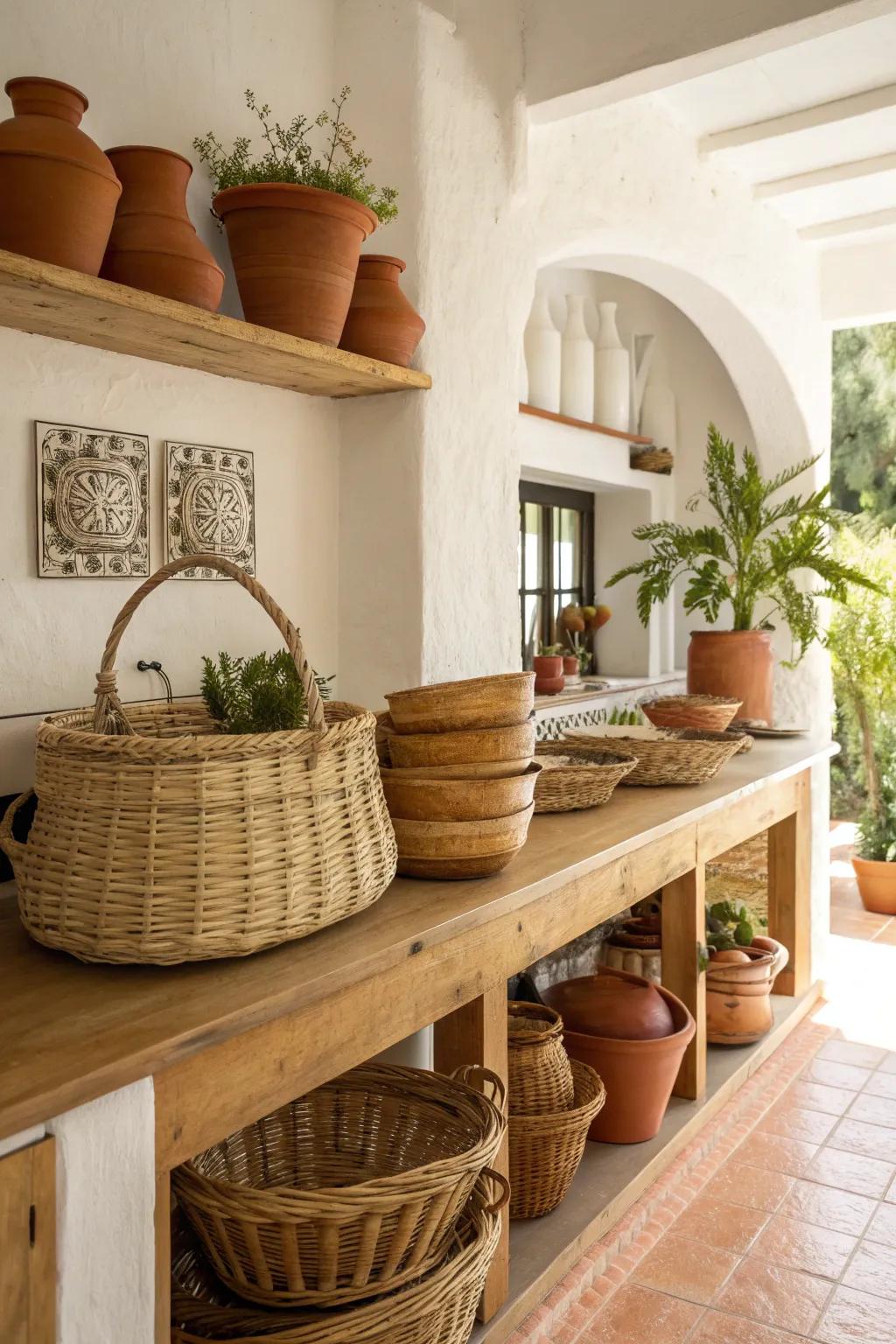 Woven baskets combine function and natural beauty in your kitchen.