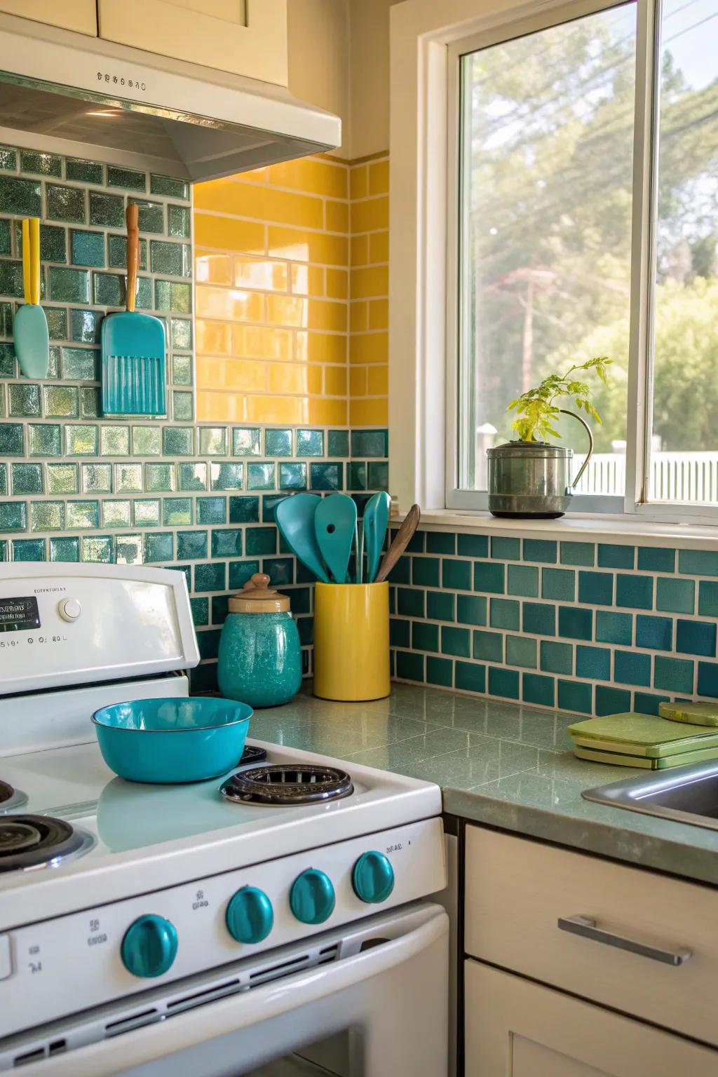 Add a modern twist to mid-century style with sleek glass tile accents that enhance openness.